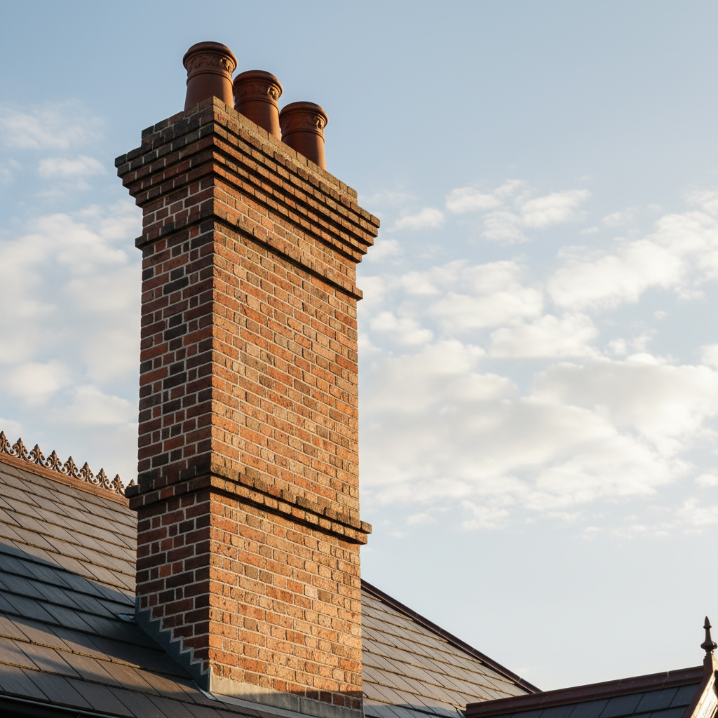 A dramatic, side-lit photographic view of a tall red brick chimney stack on a Melbourne period home, freshly repointed and restored. The camera looks up from a low angle, emphasizing the vertical lines of crisp mortar joints and the subtle variations in brick colour. Ornate terracotta chimney pots sit neatly on top, silhouetted against a pale blue sky with light clouds. Late afternoon sunlight strikes one side of the chimney, creating strong, clean highlights on brick edges and deep but controlled shadows in the mortar, accentuating the precision of the restoration. The roofline with traditional slate tiles and a hint of cast-iron cresting frames the lower portion. The mood is confident and enduring, suggesting structural integrity and heritage care.