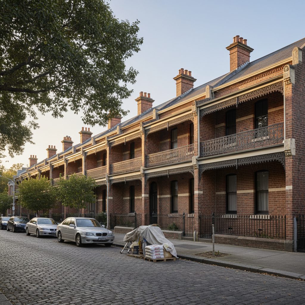 An elegant heritage streetscape in inner Melbourne featuring multiple restored brick terraces, viewed from across a quiet residential street in realistic photographic style. The primary focus is on the uniform, clean brickwork and consistent mortar joints along the façades, with intact chimneys, decorative parapets, and cast-iron lace balconies above. Discreet evidence of recent work appears as neatly stacked materials and covered areas near one property, suggesting ongoing repointing without clutter. Soft golden hour sunlight rakes across the buildings, casting long, gentle shadows that accentuate brick texture and architectural detail. Captured at a slightly elevated angle with deep depth of field, both foreground and background are sharp, creating a calm, professional mood that conveys long-term care for Melbourne’s heritage character.
