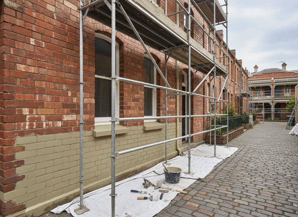 A classic red brick Victorian terrace façade in Melbourne undergoing professional repointing, captured in crisp photographic realism. The lower half of the wall shows fresh, neat lime mortar joints with clean arrises, contrasting subtly with older, weathered joints above. A tidy, modern scaffold without branding frames the wall, with protective drop sheets along the base and tools neatly arranged on the ground. Soft overcast daylight provides even, diffused lighting, highlighting the texture of the bricks and precise mortar lines without harsh shadows. Shot at eye level with a slight angle down the laneway, using moderate depth of field so the restored section is in sharp focus while the background terraces gently blur. The mood is professional, orderly, and trustworthy, emphasizing quality workmanship and care for heritage fabric.