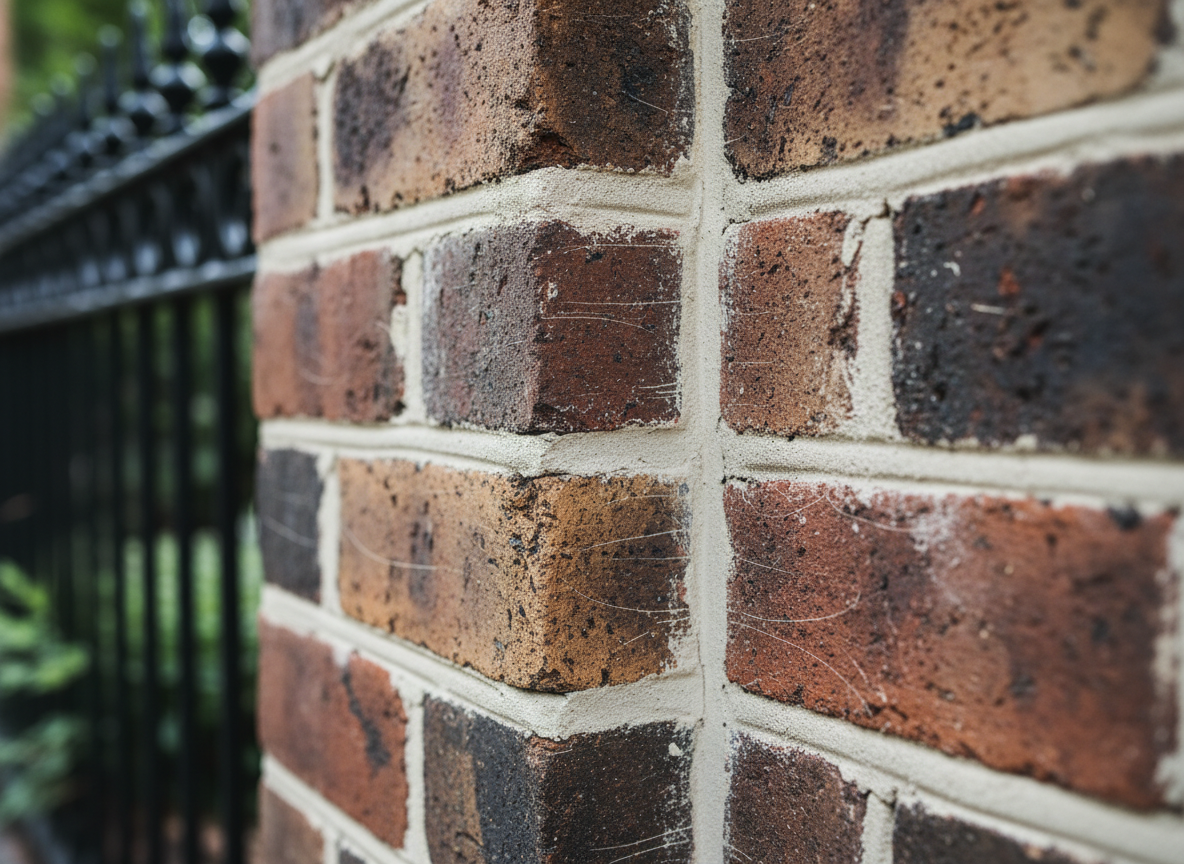 A close-up, macro-style photographic view of a Melbourne heritage brick corner, showcasing freshly repointed lime mortar joints. The camera focuses tightly on the junction where two walls meet, revealing fine hairline tooling marks in the mortar, the subtle sandy texture of the mix, and the warm red and brown variations in the bricks. In the softly blurred background, hints of a wrought iron fence and leafy garden suggest a period home setting. Gentle shaded daylight from one side creates delicate highlights on the brick edges and shallow shadows within the joints, emphasizing depth and precision. Shot at a slight diagonal angle with shallow depth of field, the mood is meticulous and craft-focused, celebrating the skill and detail behind professional repointing work.