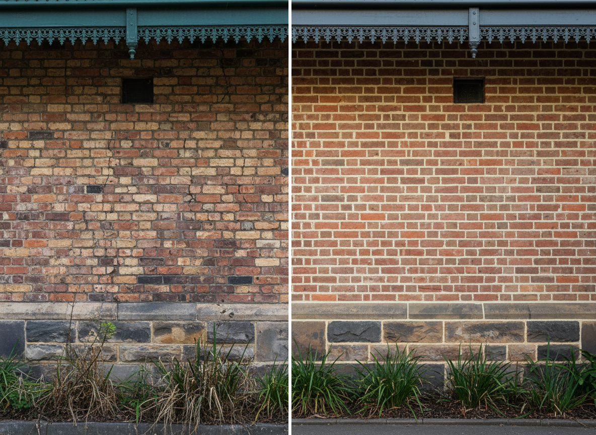 A detailed before-and-after brick wall comparison on a heritage Melbourne home, presented as a single wide photographic image. On the left, aged, crumbling mortar, hairline cracks, and stained bricks; on the right, crisp, fully repointed lime mortar joints with careful colour matching and restored brick faces. A subtle dividing line in the middle marks the transformation, while the rest of the scene remains consistent: an ornate bluestone plinth below, a cast-iron lace veranda above, and a small garden bed at the base. Soft late afternoon light creates gentle shadows in the mortar lines, enhancing definition and craftsmanship. Captured straight-on with sharp focus across the entire wall, the composition is clean and balanced, conveying a clear, professional story of restoration and long-term protection.