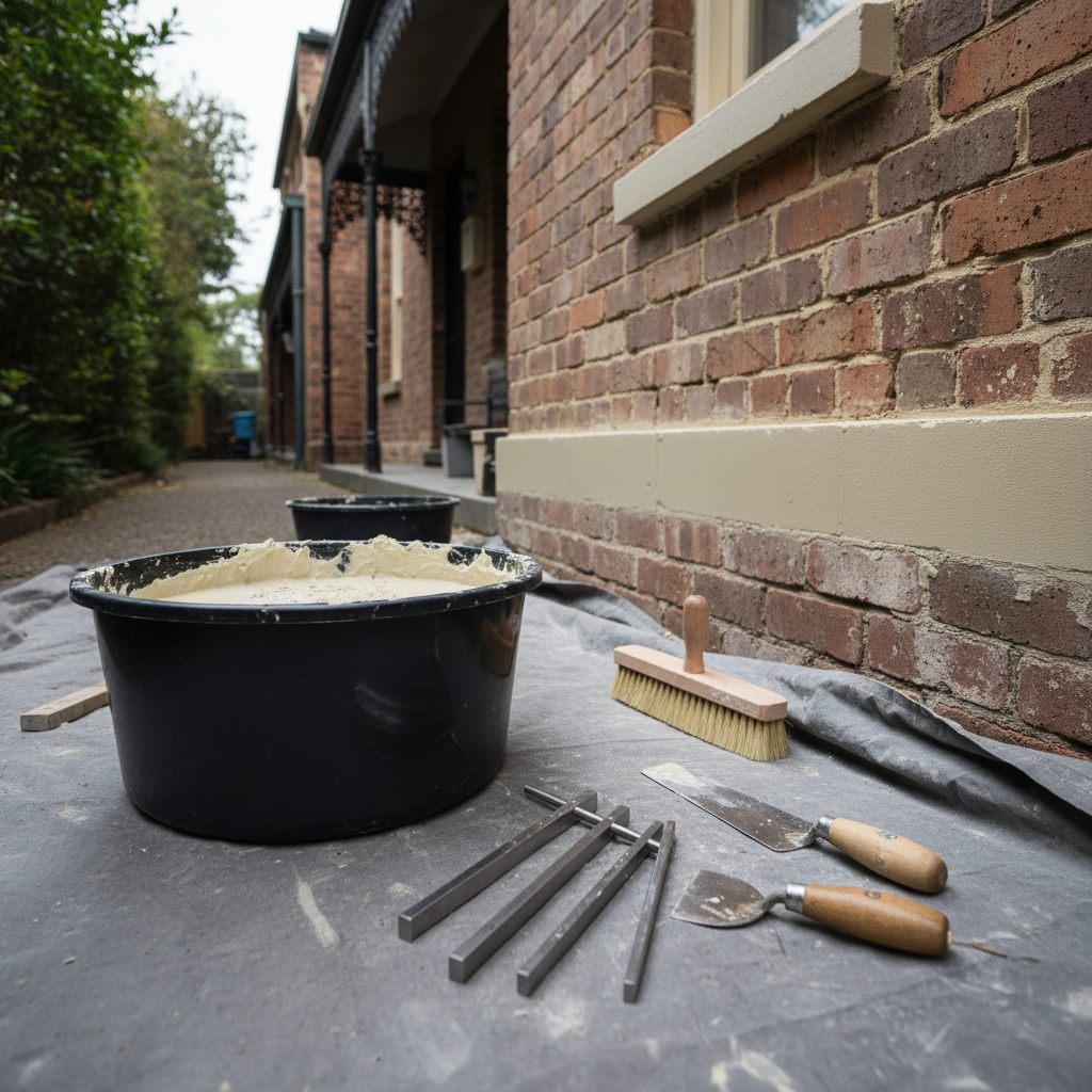 A professional brick restoration setup beside a late-1800s Melbourne terrace, focusing on the tools and materials of repointing rather than people. In the foreground, a clean lime mortar mix in a sturdy tub, precision jointers, a soft-bristle brush, and a pointing trowel rest neatly on a protective tarp. Behind them, a section of wall with carefully raked-out joints awaits fresh mortar, alongside an adjacent area already repointed to a smooth, flush finish. Overcast daylight gives soft, neutral lighting, ideal for revealing textures without glare. Shot from a low, three-quarter angle, the composition uses shallow depth of field so the polished tools and prepared brickwork are in sharp focus while the rest of the terrace and garden fade gently. The atmosphere is calm, methodical, and highly professional, emphasizing preparation and craftsmanship.